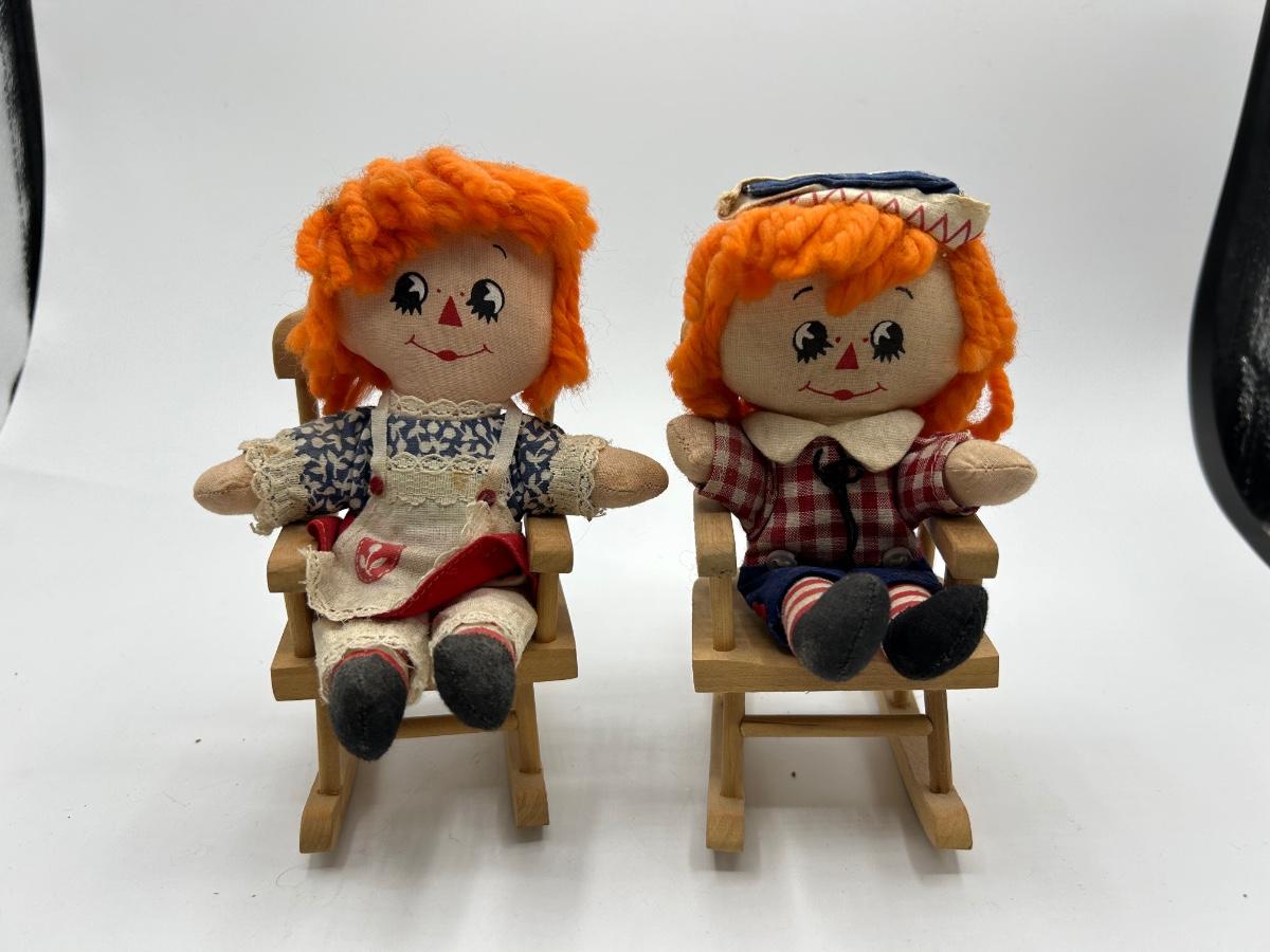 Vintage Mini Small Raggedy Ann Andy Dolls with Wooden Rocking Chairs EstateSales