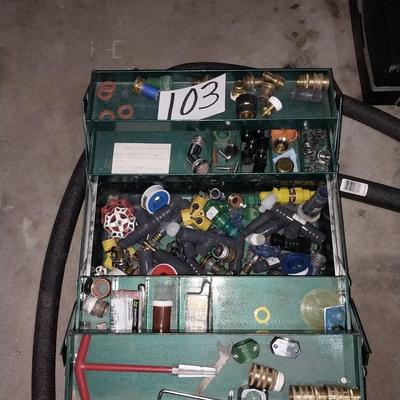 LARGE HANDLED BOX FILLED WITH PLUMBING HARDWARE