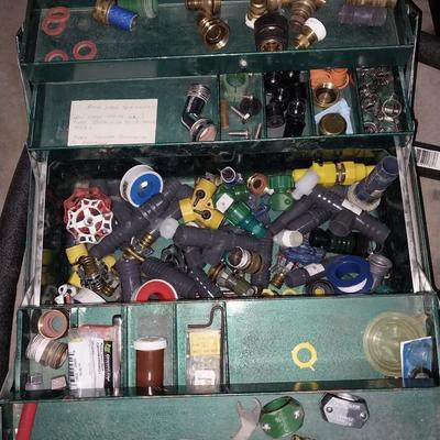 LARGE HANDLED BOX FILLED WITH PLUMBING HARDWARE