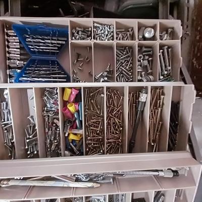 LARGE TRAY BOX FILLED WITH VARIETY OF HARDWARE