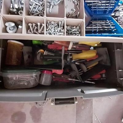 LARGE TRAY BOX FILLED WITH VARIETY OF HARDWARE