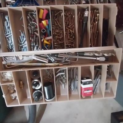 LARGE TRAY BOX FILLED WITH VARIETY OF HARDWARE