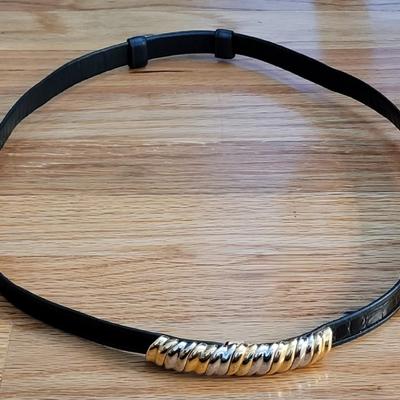 30: Judith Lieber Black Leather Adjustable Belt with Gold & Gunmetal Buckle