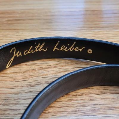 32: Black Leather Judith Lieber Belt with Textured Gold Buckle