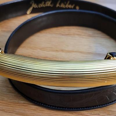32: Black Leather Judith Lieber Belt with Textured Gold Buckle