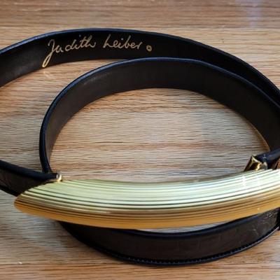 32: Black Leather Judith Lieber Belt with Textured Gold Buckle