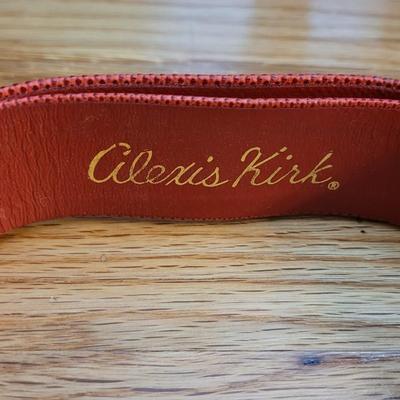 33: Alexis Kirk Red Leather Belt with Geometric Pyramid Gold & Silver Buckle