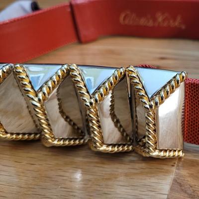 33: Alexis Kirk Red Leather Belt with Geometric Pyramid Gold & Silver Buckle
