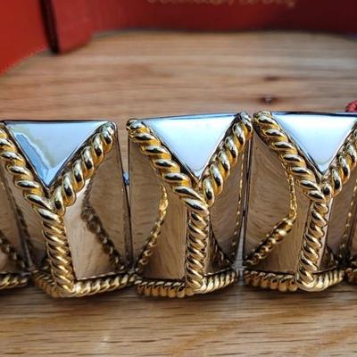 33: Alexis Kirk Red Leather Belt with Geometric Pyramid Gold & Silver Buckle