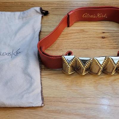 33: Alexis Kirk Red Leather Belt with Geometric Pyramid Gold & Silver Buckle
