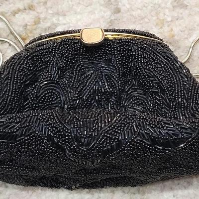 46: LA Regale Black Beaded Purse with Gold Snack Chain Strap