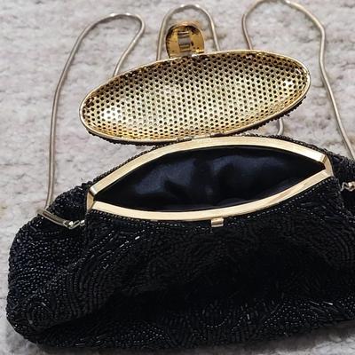 46: LA Regale Black Beaded Purse with Gold Snack Chain Strap