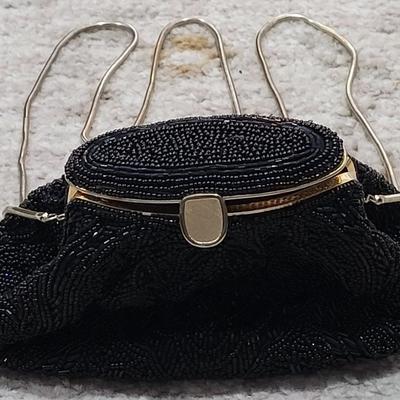 46: LA Regale Black Beaded Purse with Gold Snack Chain Strap