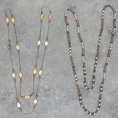 59: Long Beaded Necklace and Gold with Shell Color Bead Necklace