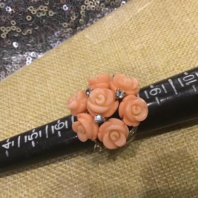 Carol Brodie Rarities Sterling Silver Multi Carved Pink Coral Roses Topaz Ring