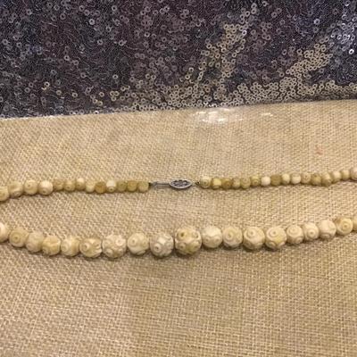 Vintage Carved Celluloid Necklace Cream Color   Bead Strand