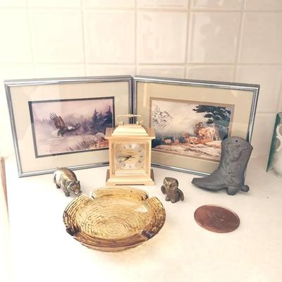 SMALL BRASS PIG AND OWL-LARGE CENT-VINTAGE GLASS ASHTRAY-MORE