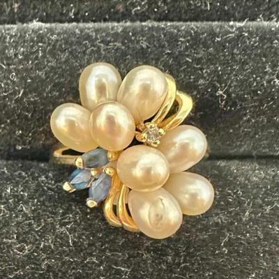 14 Karat Yellow Gold, Pearl, Diamond and Sapphire Ring