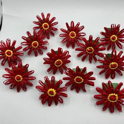 Set of 12 Red Paper Raffia Flower Napkin Ring Holders
