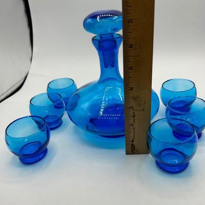 Vintage Royal Blue Glass Decanter Bottle with Matching Cordial Roly Poly Glasses