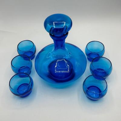 Vintage Royal Blue Glass Decanter Bottle with Matching Cordial Roly Poly Glasses