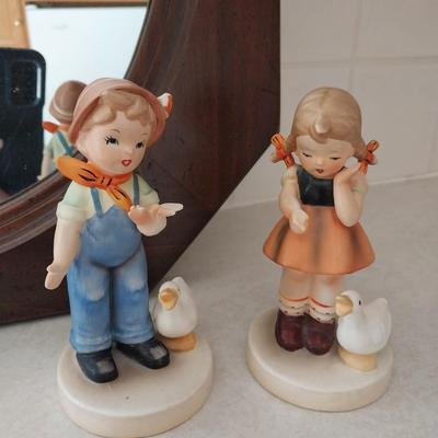 NICE WOOD FRAMED MIRROR BY "THE UTTERMOST CO" & TWO JAPAN FIGURINES