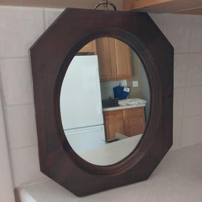 NICE WOOD FRAMED MIRROR BY "THE UTTERMOST CO" & TWO JAPAN FIGURINES