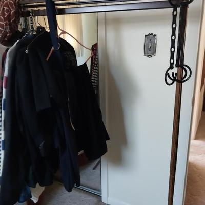 ROLLING CLOTHES RACK AND LADIES SWEATERS, TOPS AND SKIRT