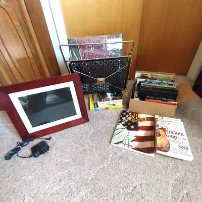 VINTAGE METAL MAGAZINE HOLDER- LIGHTED PICTURE FRAMEAND BOOKS