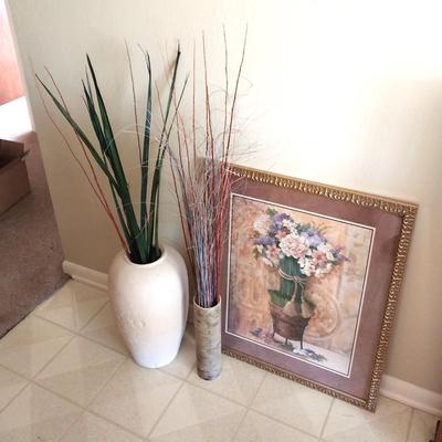 TWO FLOOR VASES AND GOLD FRAMED PICTURE