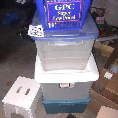 PLASTIC STORAGE TOTES -BASKETS AND FOLDING STEP