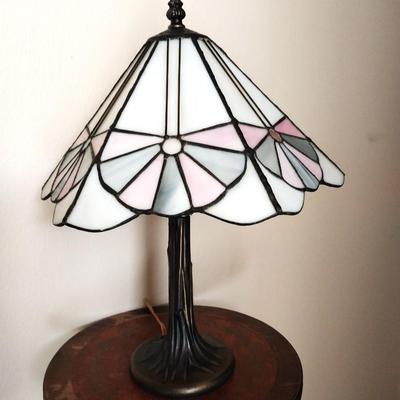 VINTAGE WOODEN STAND-TABLE LAMP WITH STAINGLASS SHADE-THREE SMALL WALL MIRRORS