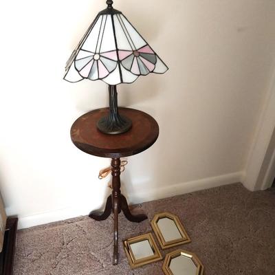 VINTAGE WOODEN STAND-TABLE LAMP WITH STAINGLASS SHADE-THREE SMALL WALL MIRRORS