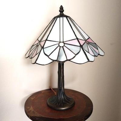 VINTAGE WOODEN STAND-TABLE LAMP WITH STAINGLASS SHADE-THREE SMALL WALL MIRRORS