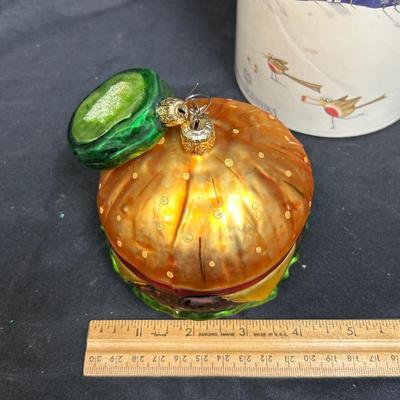 Novelty Blown Glass Cheeseburger and Pickle Chip Christmas Tree Ornaments in A Collectible Tube Box