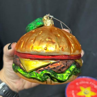 Novelty Blown Glass Cheeseburger and Pickle Chip Christmas Tree Ornaments in A Collectible Tube Box
