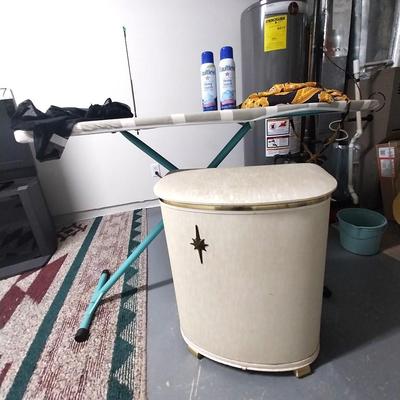 VINTAGE LAUNDRY HAMPER-IRONBOARD -WOODEN CLOTHES PINS-MORE