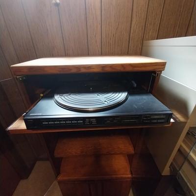 KENMORE RECORD PLAYER AND GLASS FRONT STEREO CABINET WITH STORAGE