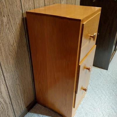 WOODEN  THREE DRAWER CABINET AND STONE LIGHTHOUSE LIGHT