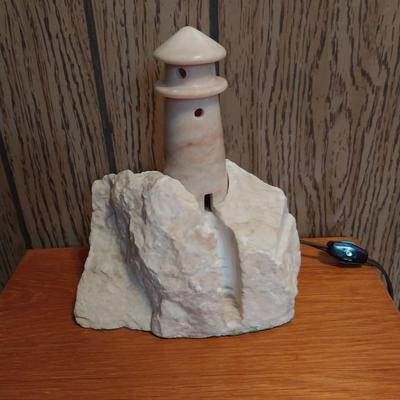WOODEN  THREE DRAWER CABINET AND STONE LIGHTHOUSE LIGHT