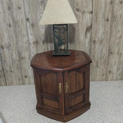 WOODEN OCTAGON SHAPED ENDTABLE WITH STORAGE AND METAL NATIVE AMERICAN TABLE LAMP