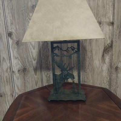 WOODEN OCTAGON SHAPED ENDTABLE WITH STORAGE AND METAL NATIVE AMERICAN TABLE LAMP