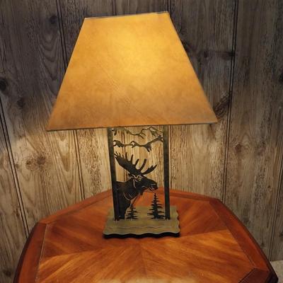 WOODEN OCTAGON SHAPED ENDTABLE WITH STORAGE AND METAL NATIVE AMERICAN TABLE LAMP