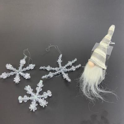 Lot 324. Three Clear Beaded Snowflakes & Felt / Knit Gnome