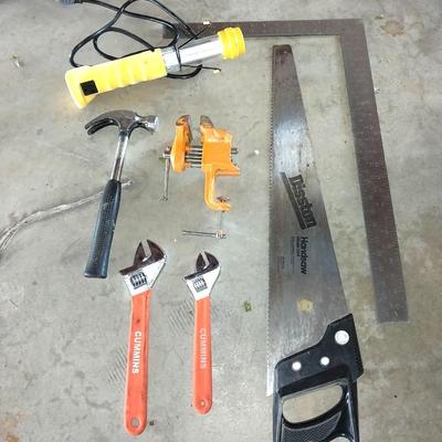 VICE CLAMP-HANDSAW-SQUARE-CRESENT WRENCHES-HAMMER-AND LIGHT