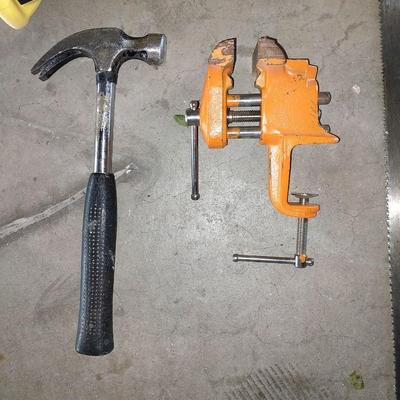 VICE CLAMP-HANDSAW-SQUARE-CRESENT WRENCHES-HAMMER-AND LIGHT