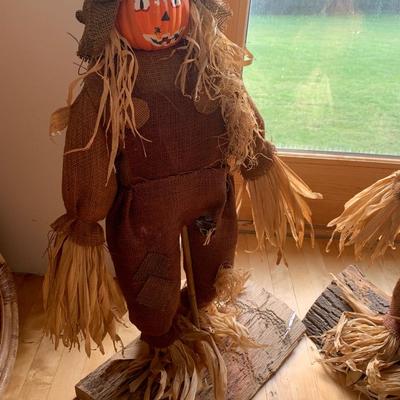PAIR of Halloween Pumpkin Head Scarecrows Autumn Thanksgiving Decor On Natural Tree Bases