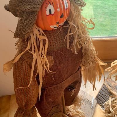 PAIR of Halloween Pumpkin Head Scarecrows Autumn Thanksgiving Decor On Natural Tree Bases