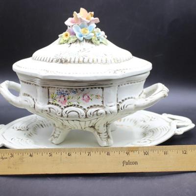 Vintage Capodimonte Style Soup Tureen Lidded Serving Bowl with Drip Plate Signed V. Bassano
