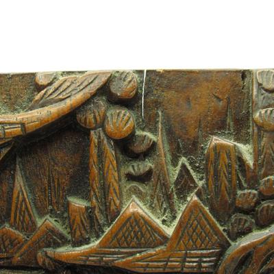 Vintage George Zee & Co Made in Hong Kong Carved Asian Street Scene Book Ends Camphor Wood
